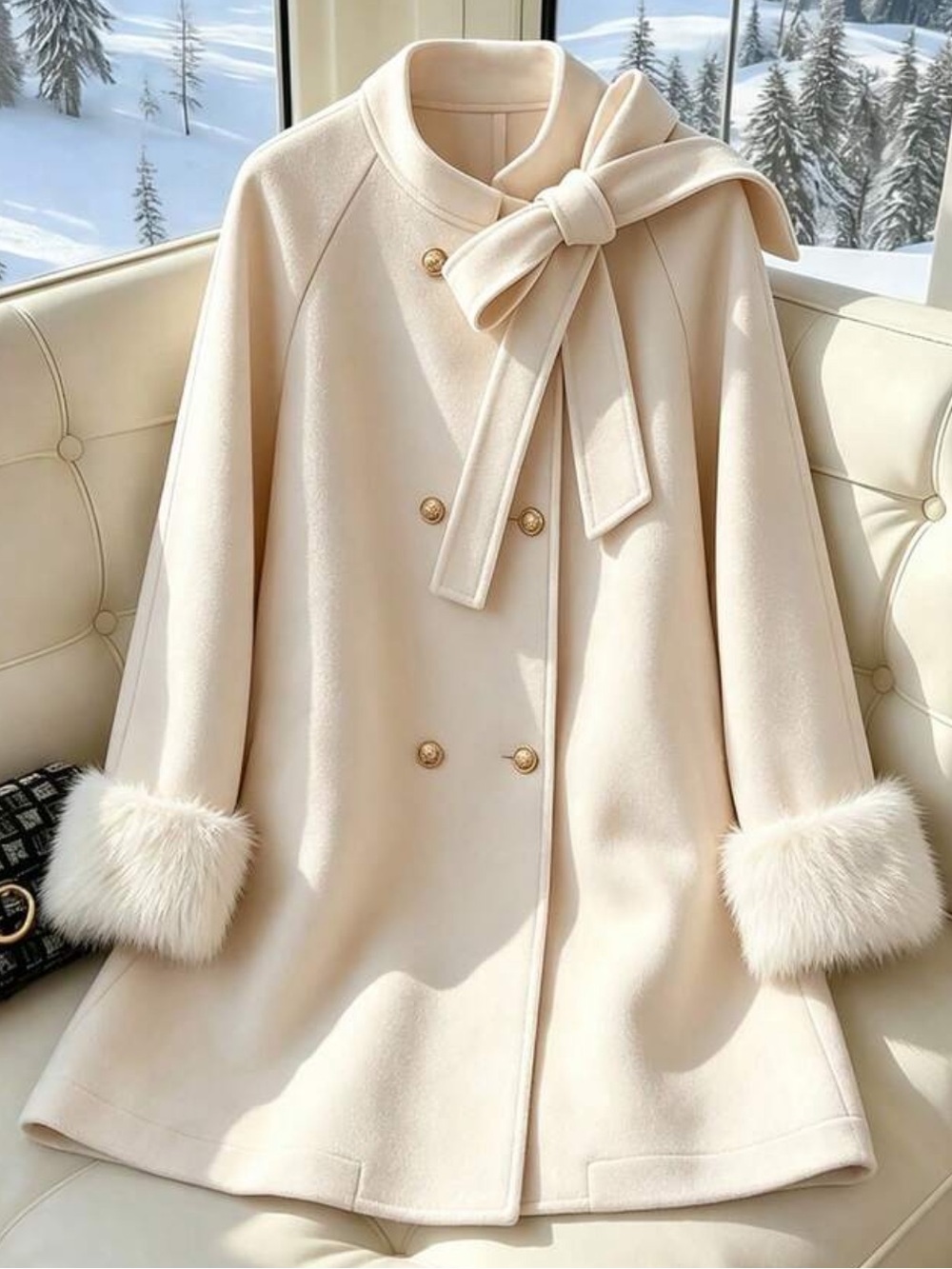 Women's Solid Color Bow Decor Shoulder Sleeve Elegant Coat With Furry